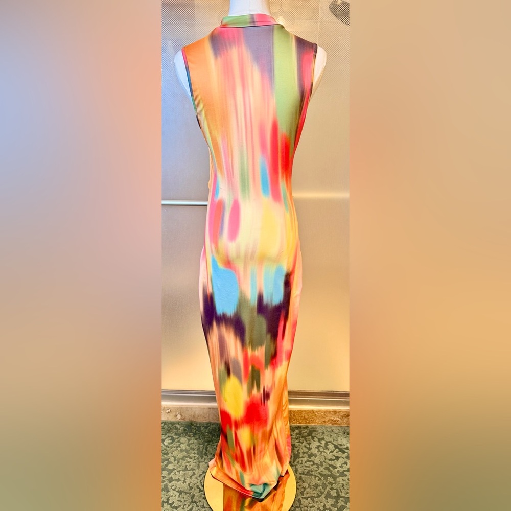 Bodycon Stretchy Multicolor Sleeveless Maxi Dress w Mock Neck - Picture 7 of 16